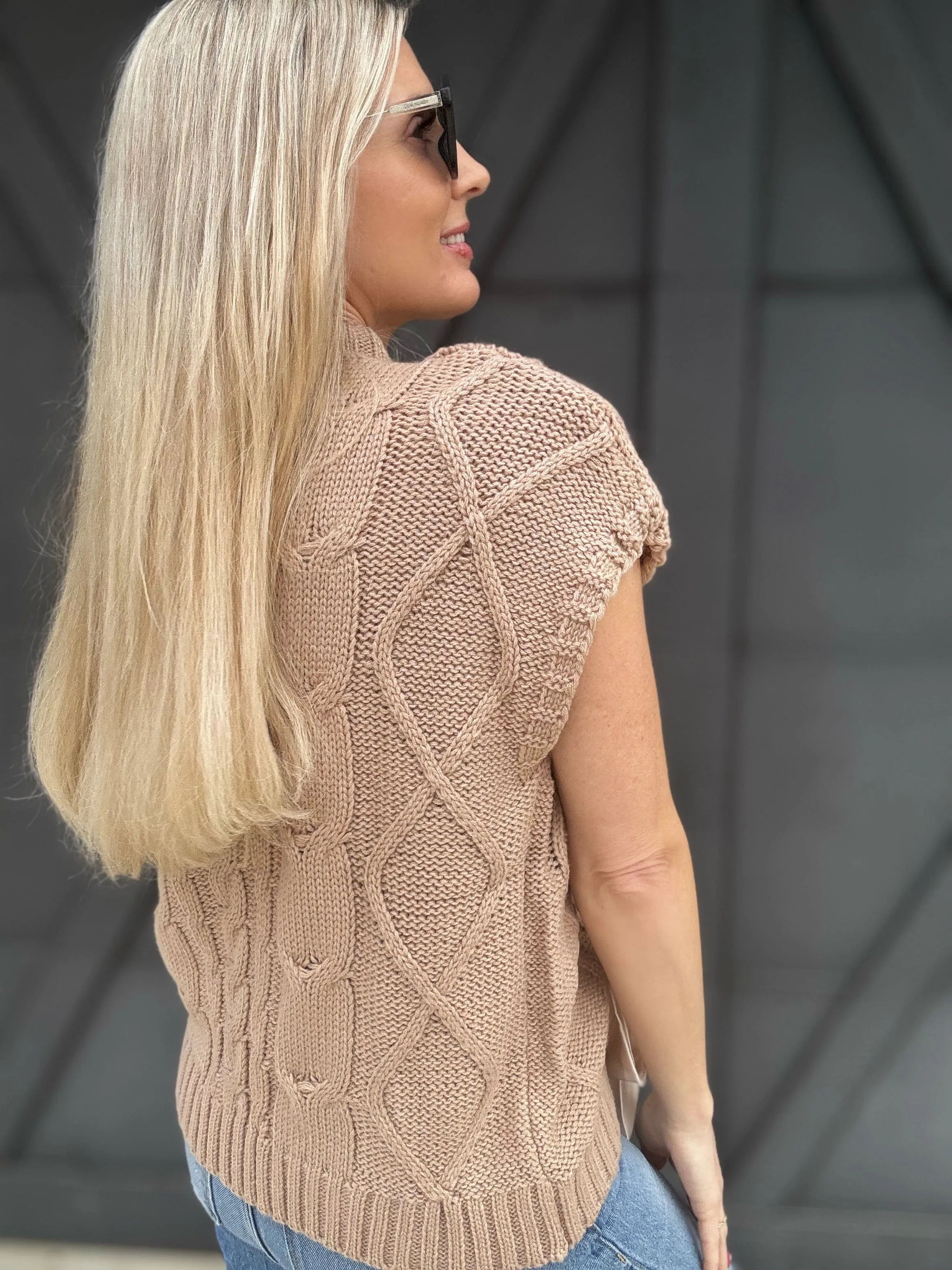 Cable Knit Satin Bow Sweater In Taupe