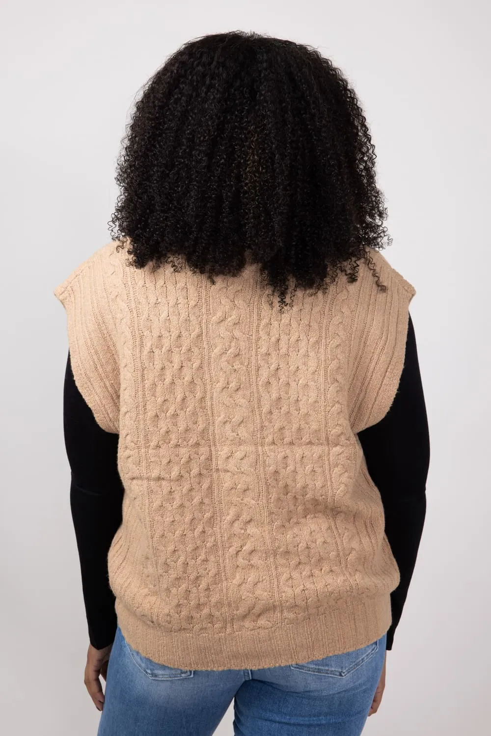 Cable Knit V-Neck Sweater Vest for Women in Almond | LF2S10592-ALM