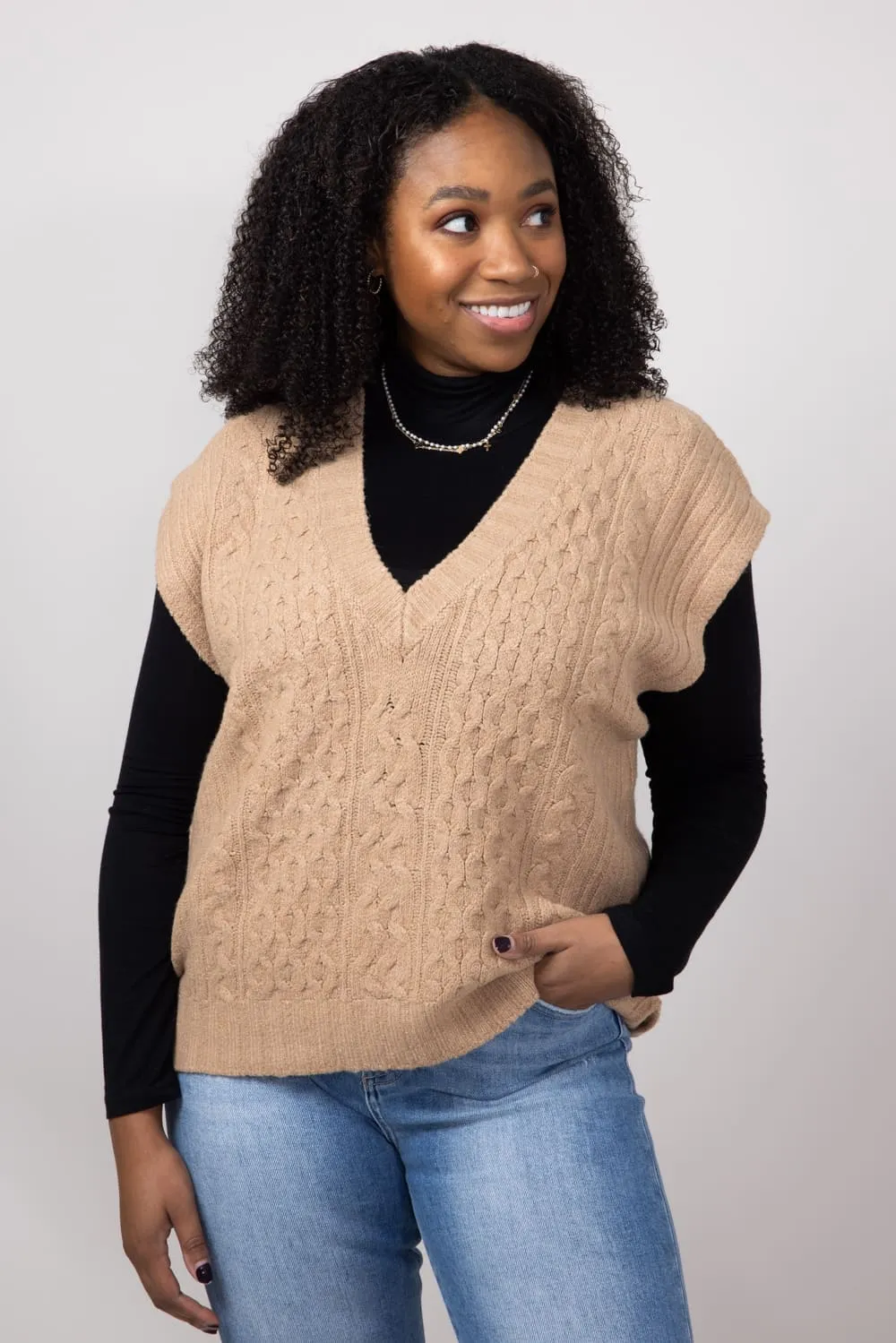 Cable Knit V-Neck Sweater Vest for Women in Almond | LF2S10592-ALM