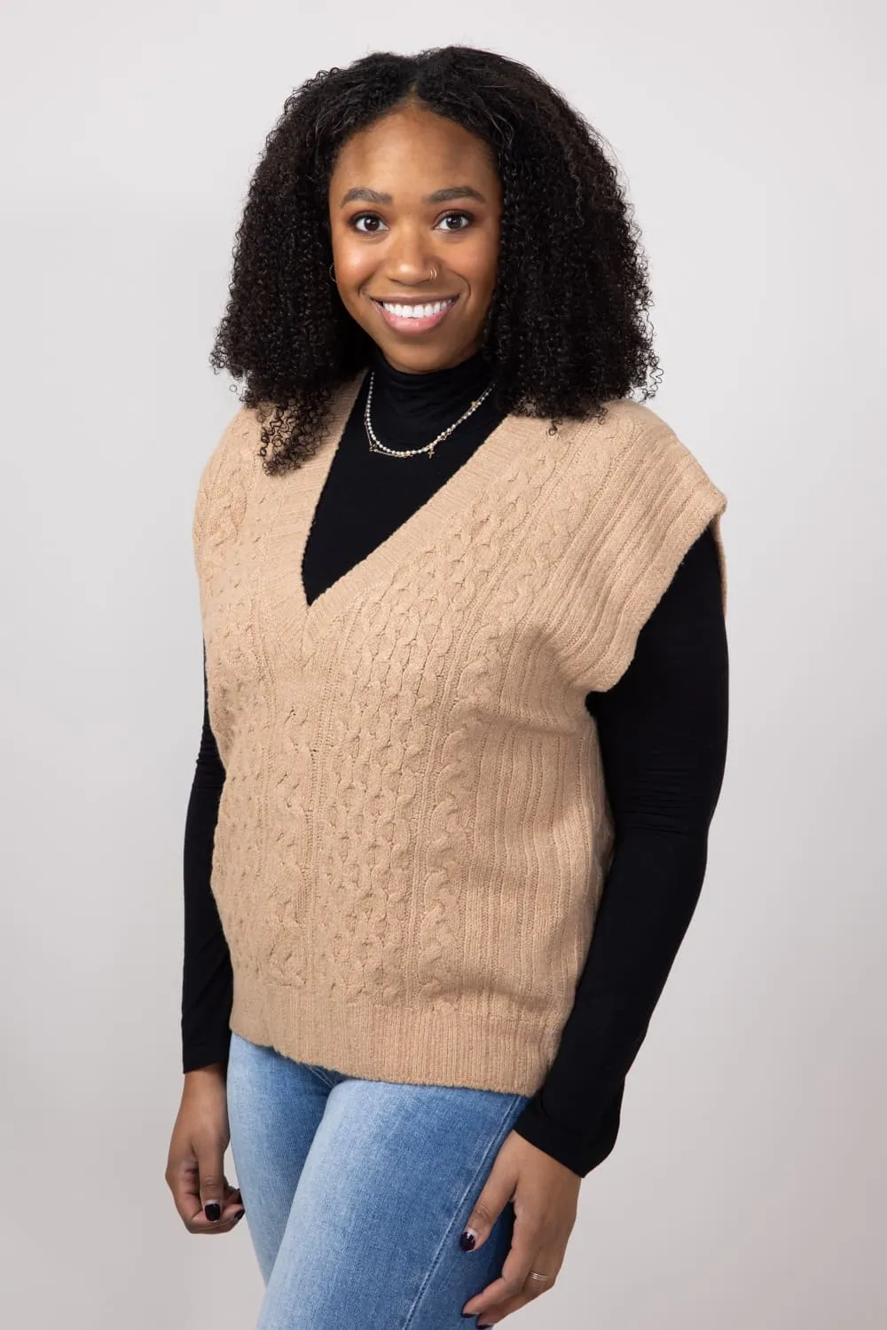 Cable Knit V-Neck Sweater Vest for Women in Almond | LF2S10592-ALM