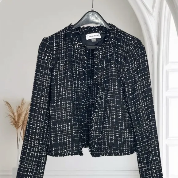 Calvin Klein Black and White Tweed Open Front Blazer Jacket 2