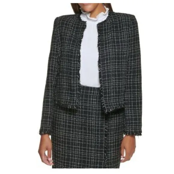 Calvin Klein Black and White Tweed Open Front Blazer Jacket 2