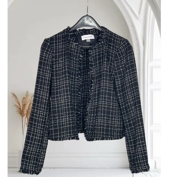 Calvin Klein Black and White Tweed Open Front Blazer Jacket 2
