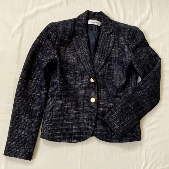 CALVIN KLEIN Boucle Tweed Blazer Blue Silver Size 2