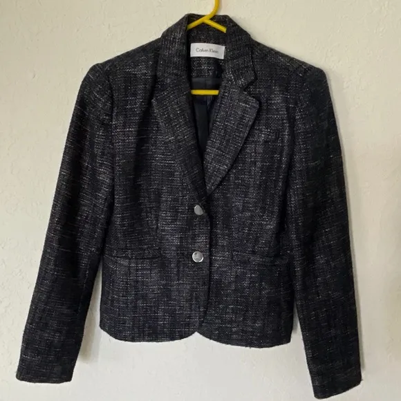CALVIN KLEIN Boucle Tweed Blazer Blue Silver Size 2