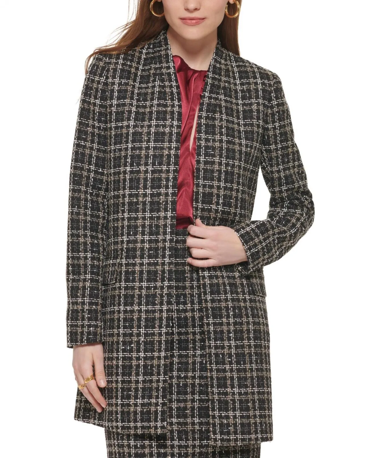 Calvin Klein Womens Petites Tweed Midi Open-Front Blazer Jacket T29JF332