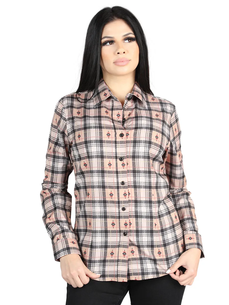 Camisa Vaquera Manga Larga Estampada Cuadros Beige/Negro para Mujer 'El Señor de los Cielos' - ID: 44715