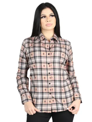 Camisa Vaquera Manga Larga Estampada Cuadros Beige/Negro para Mujer 'El Señor de los Cielos' - ID: 44715