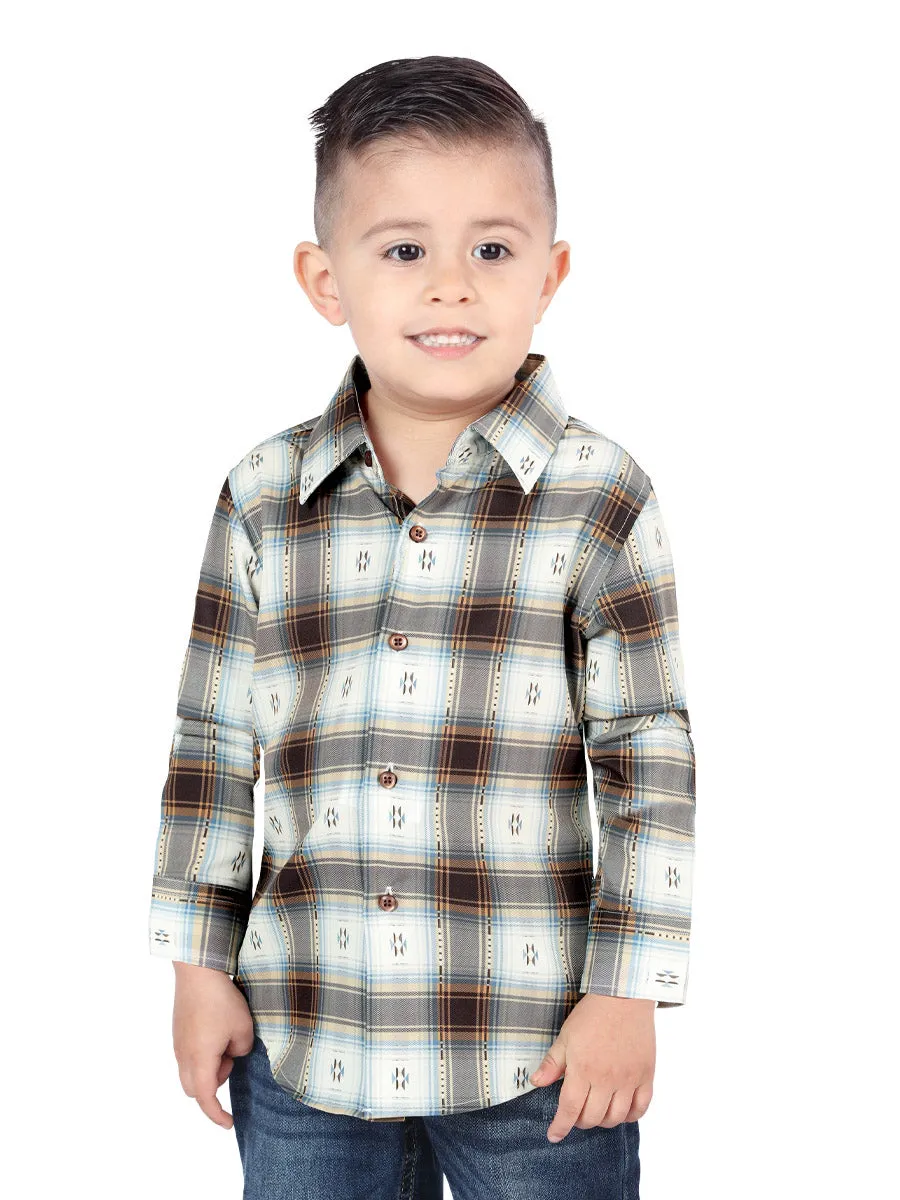 Camisa Vaquera Manga Larga Estampada Cuadros Cafe/Arena para Niños 'El Señor de los Cielos' - ID: 44734