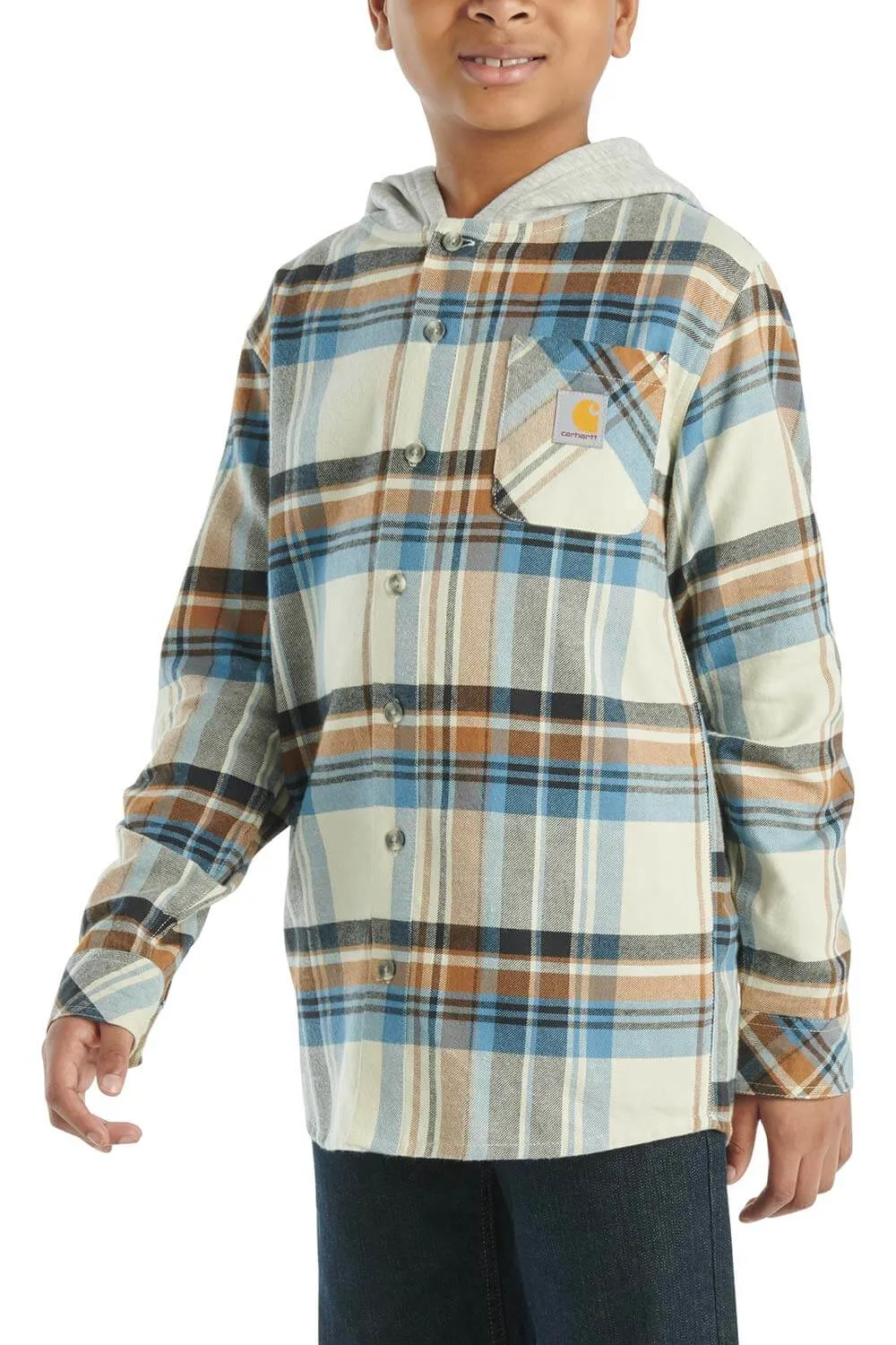 Carhartt Kids Plaid Hooded Flannel Shirt for Boys in Malt | CE8205-T72-JT1-MALT