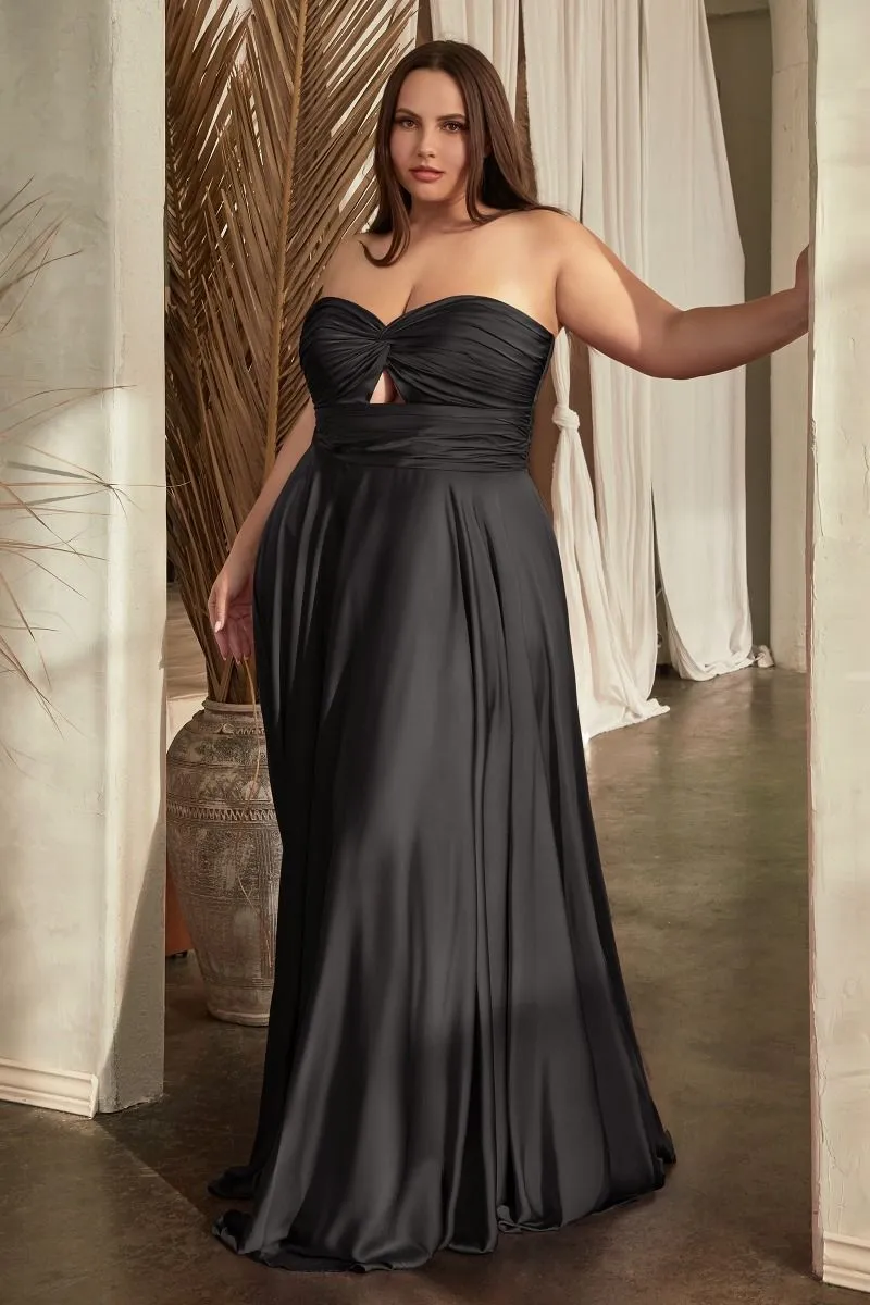 CD 7496C - Plus Size Strapless Stretch Satin A-Line Prom Gown with Keyhole Bodice