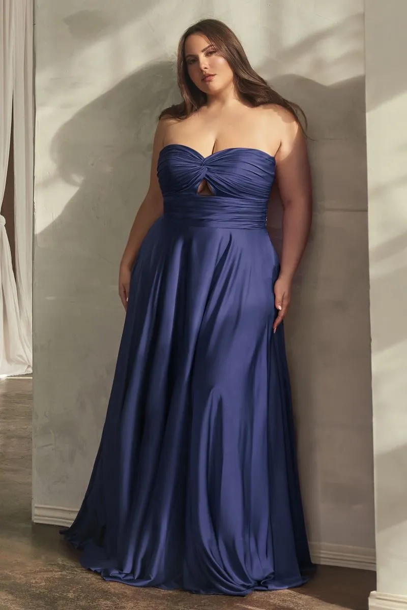 CD 7496C - Plus Size Strapless Stretch Satin A-Line Prom Gown with Keyhole Bodice