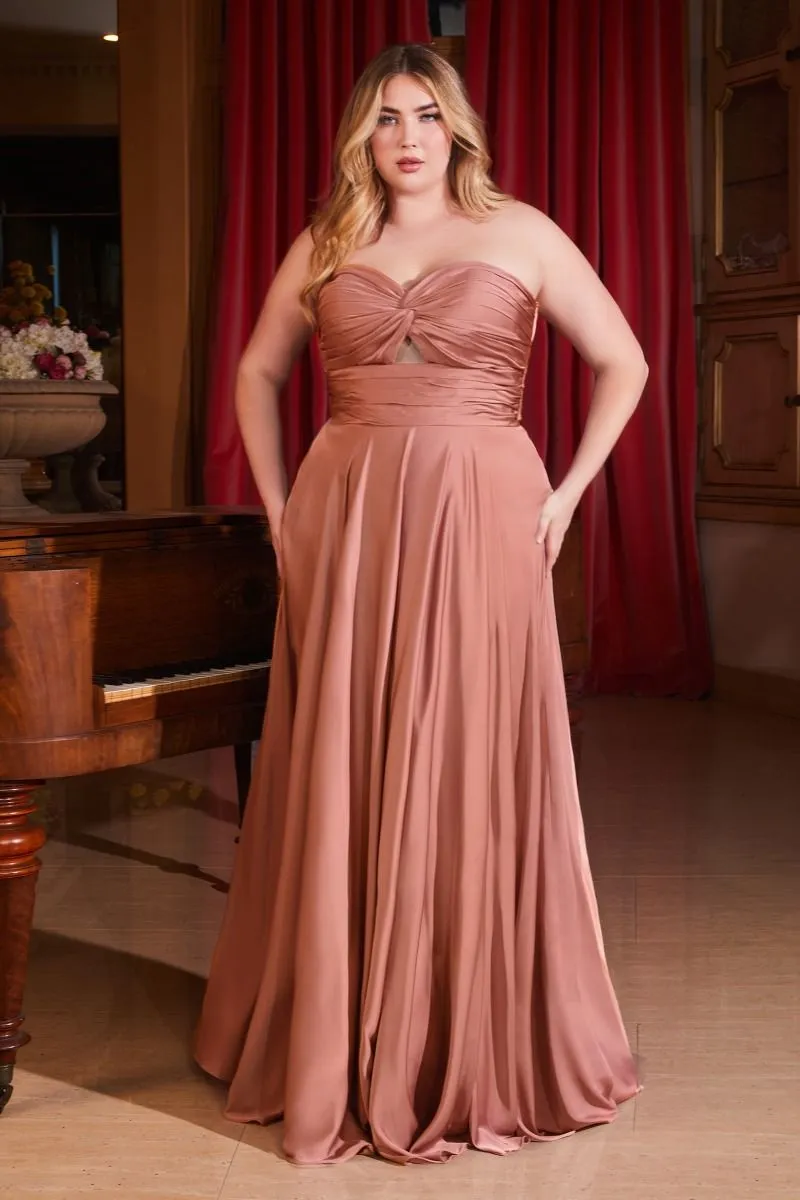 CD 7496C - Plus Size Strapless Stretch Satin A-Line Prom Gown with Keyhole Bodice