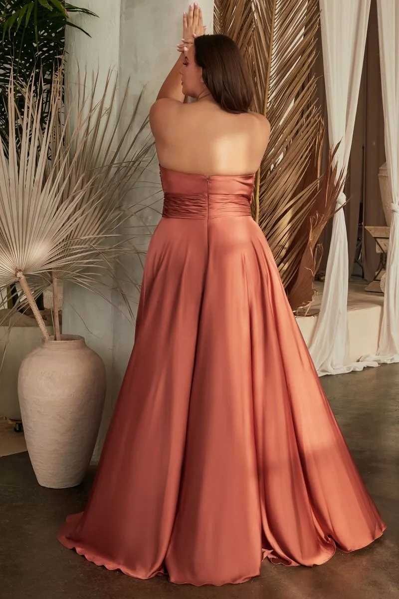 CD 7496C - Plus Size Strapless Stretch Satin A-Line Prom Gown with Keyhole Bodice
