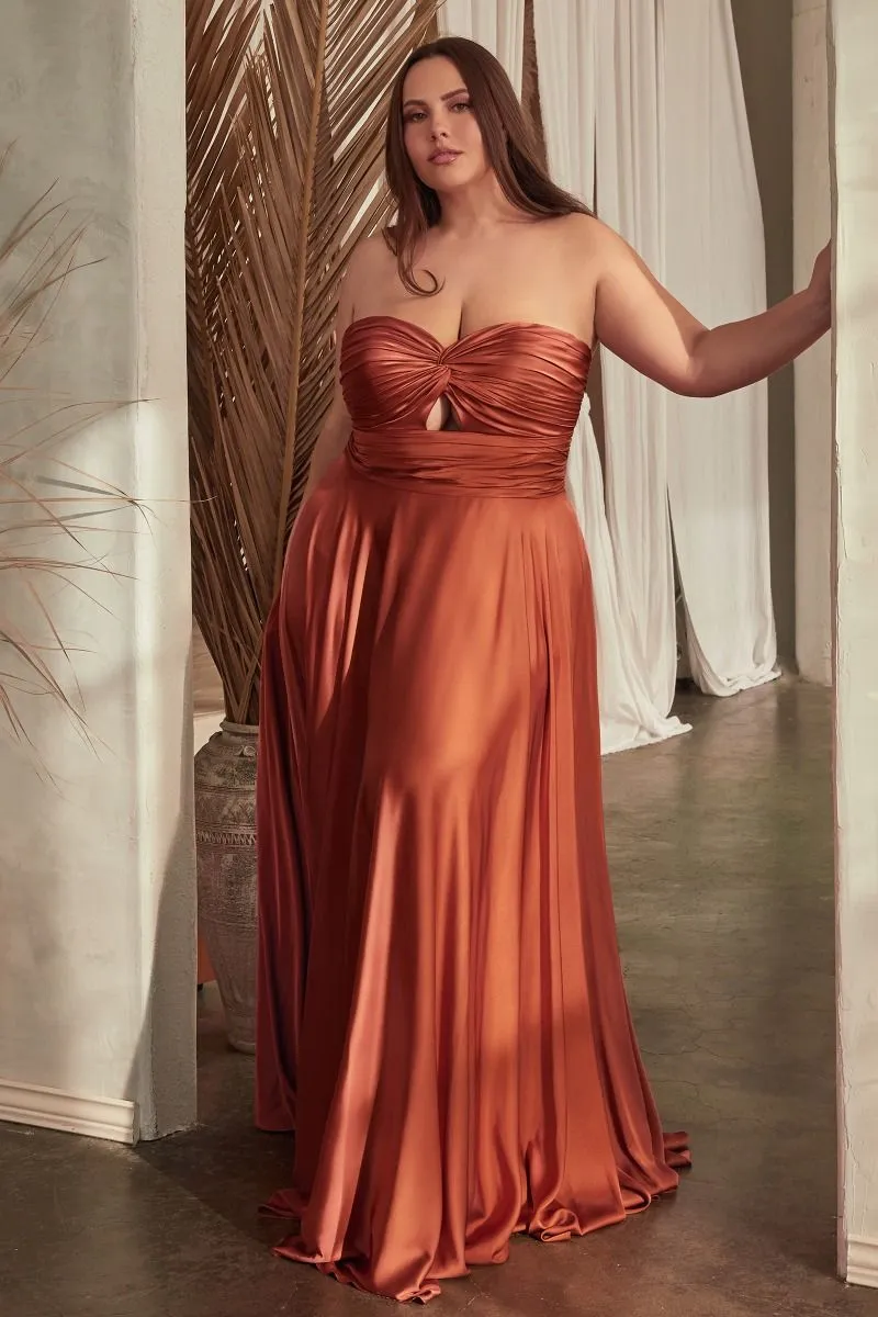 CD 7496C - Plus Size Strapless Stretch Satin A-Line Prom Gown with Keyhole Bodice