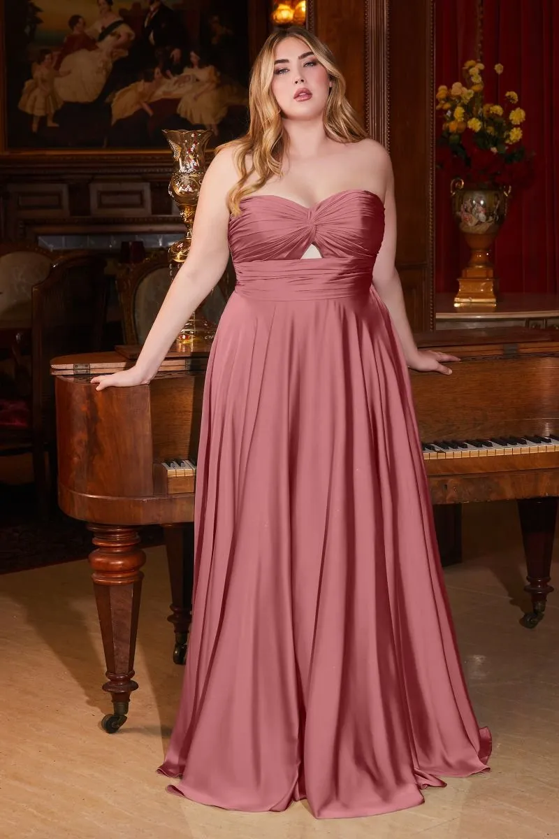 CD 7496C - Plus Size Strapless Stretch Satin A-Line Prom Gown with Keyhole Bodice