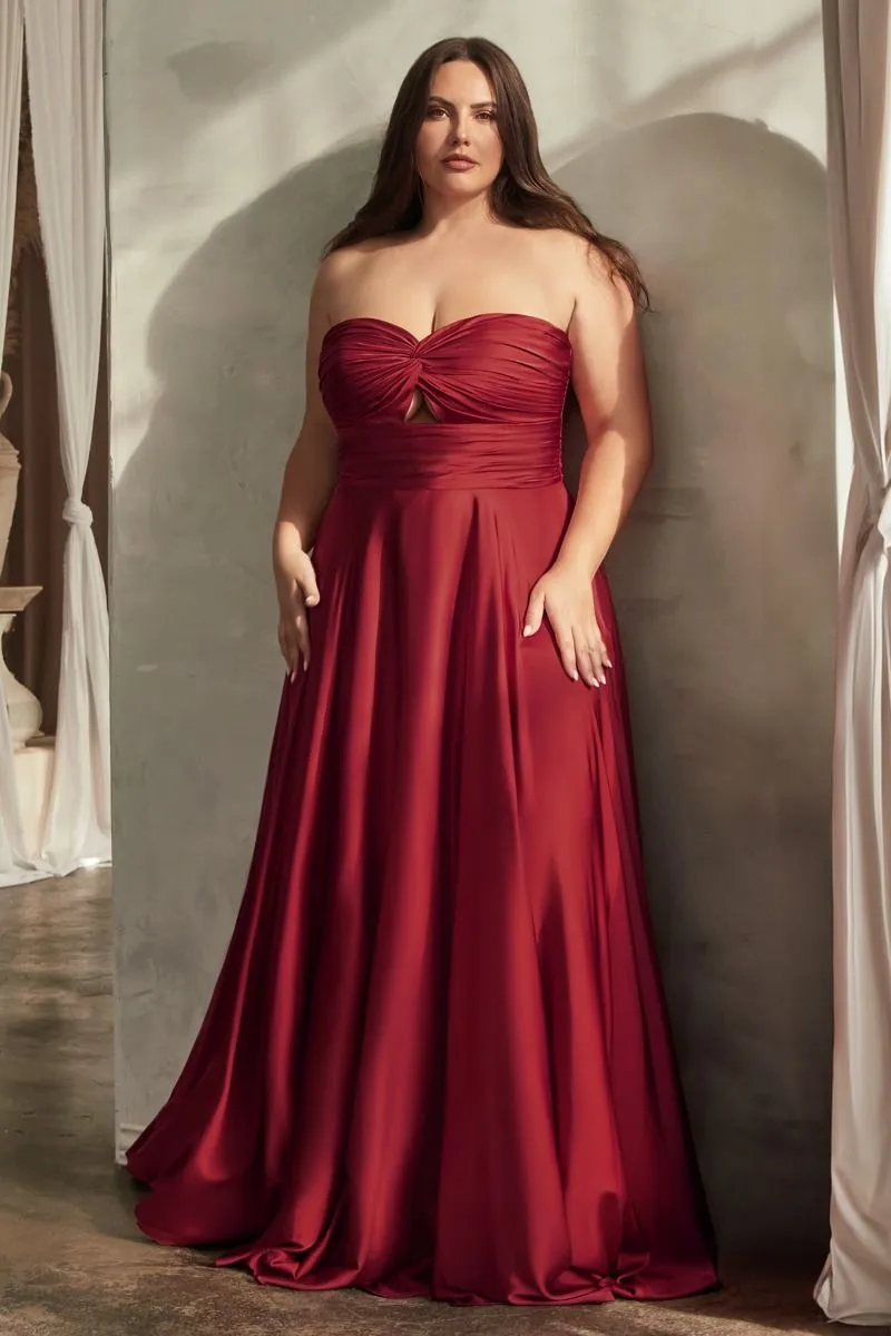 CD 7496C - Plus Size Strapless Stretch Satin A-Line Prom Gown with Keyhole Bodice