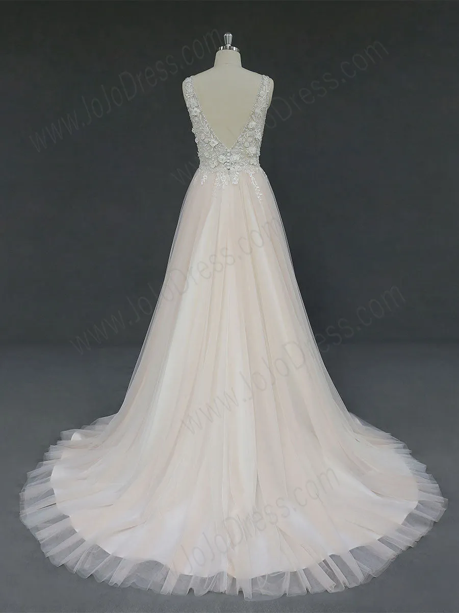 Champagne Lace Boho Maxi Wedding Dress with Plunging Neck RD2006