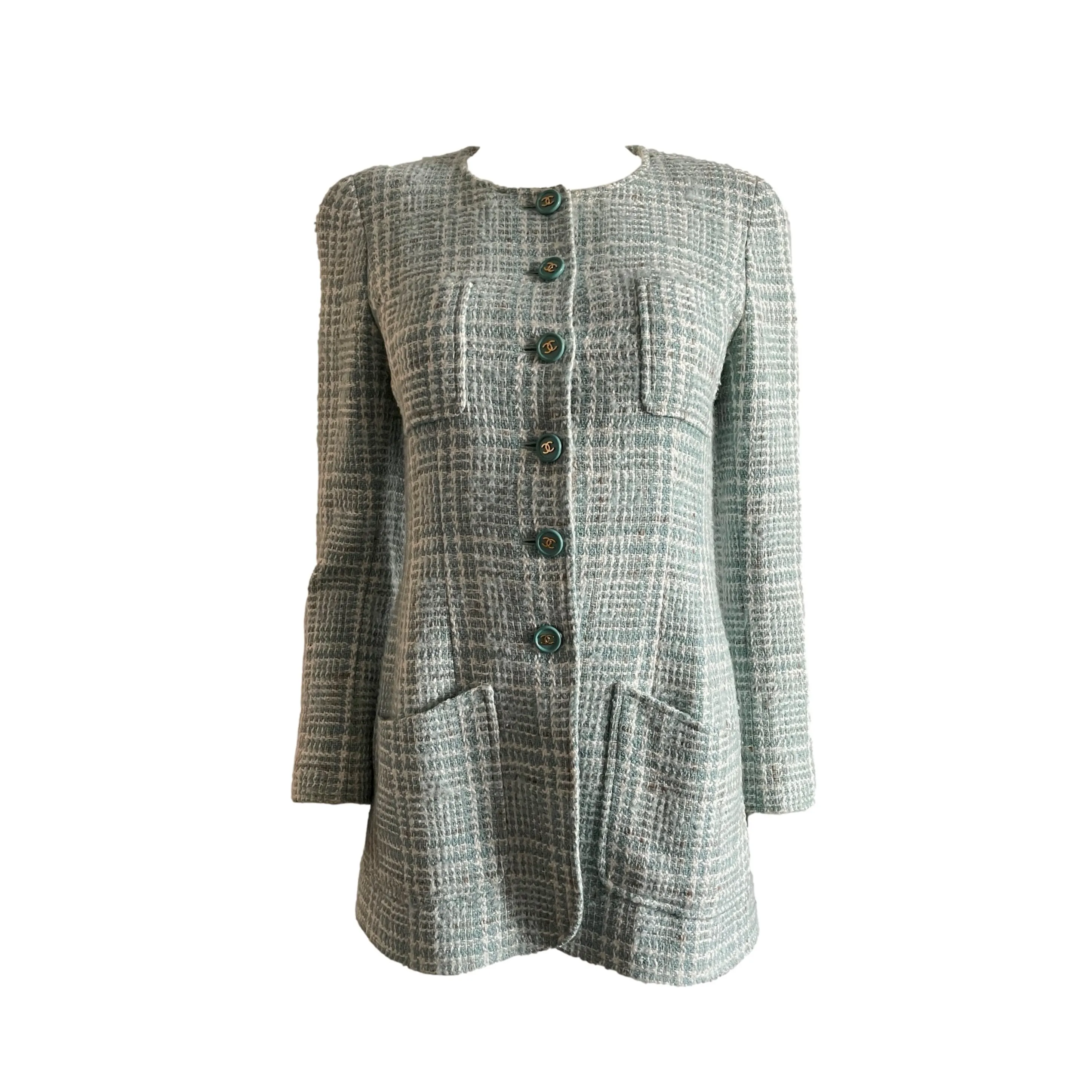 Chanel Baby Blue Tweed Logo Button Blazer