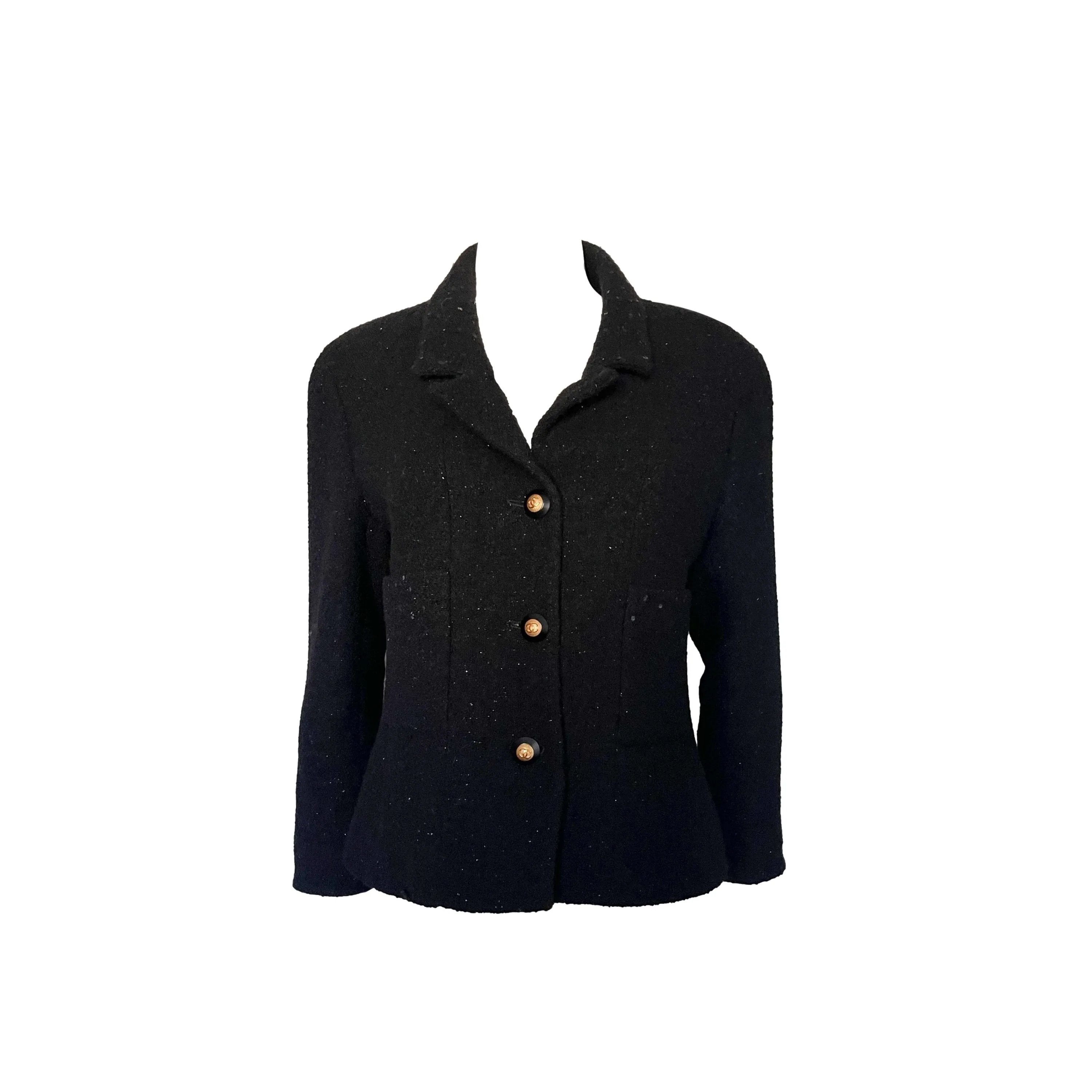 Chanel Black Tweed Logo Button Blazer