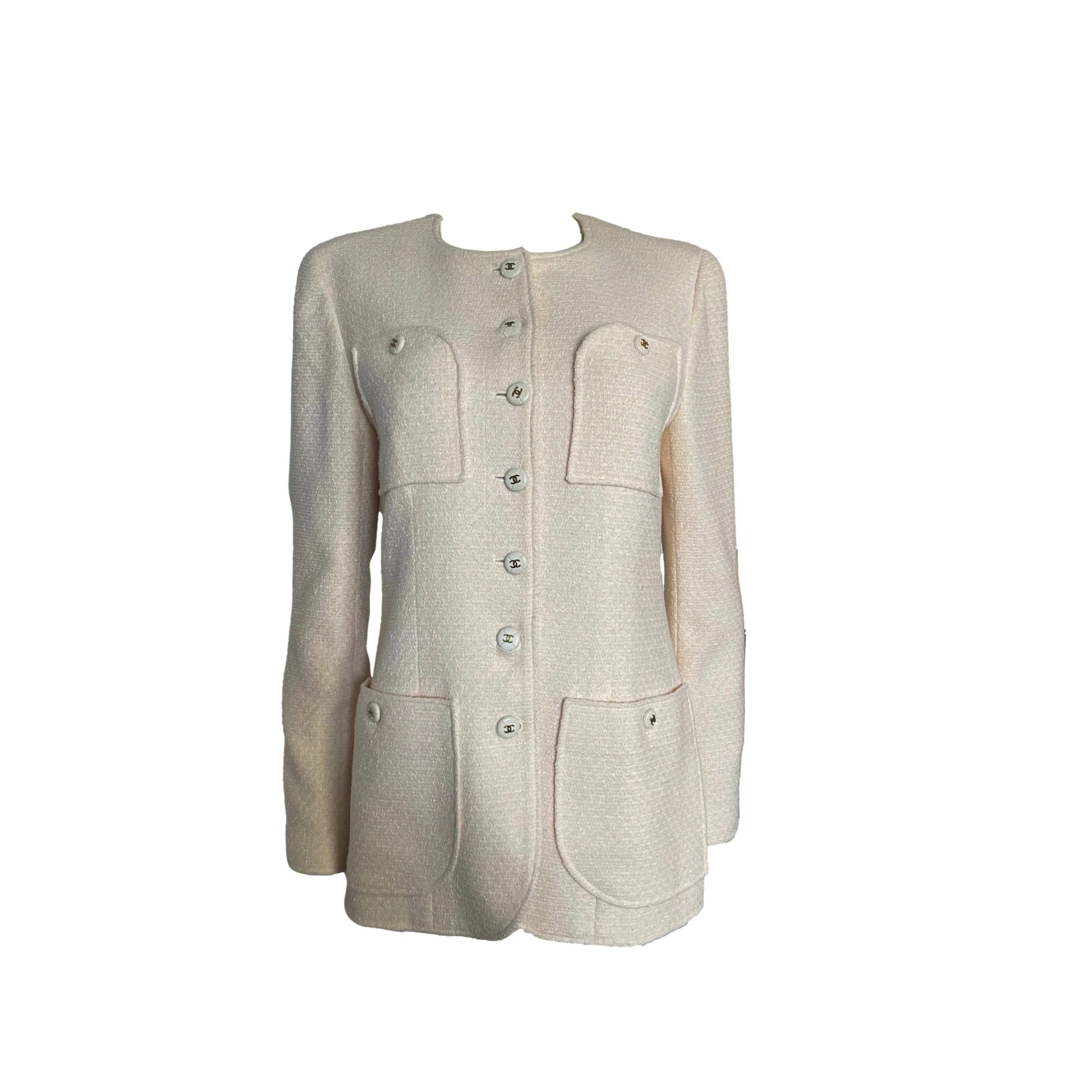 Chanel Cream Tweed Logo Button Blazer