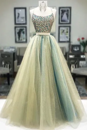 Cheap Two Pieces Spaghetti Straps Long Prom Dress Beaded Evening Dress,MP578
