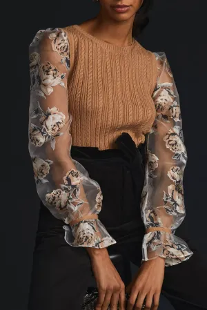 Chestnut Floral Mesh Sleeve Cable Knit Sweater