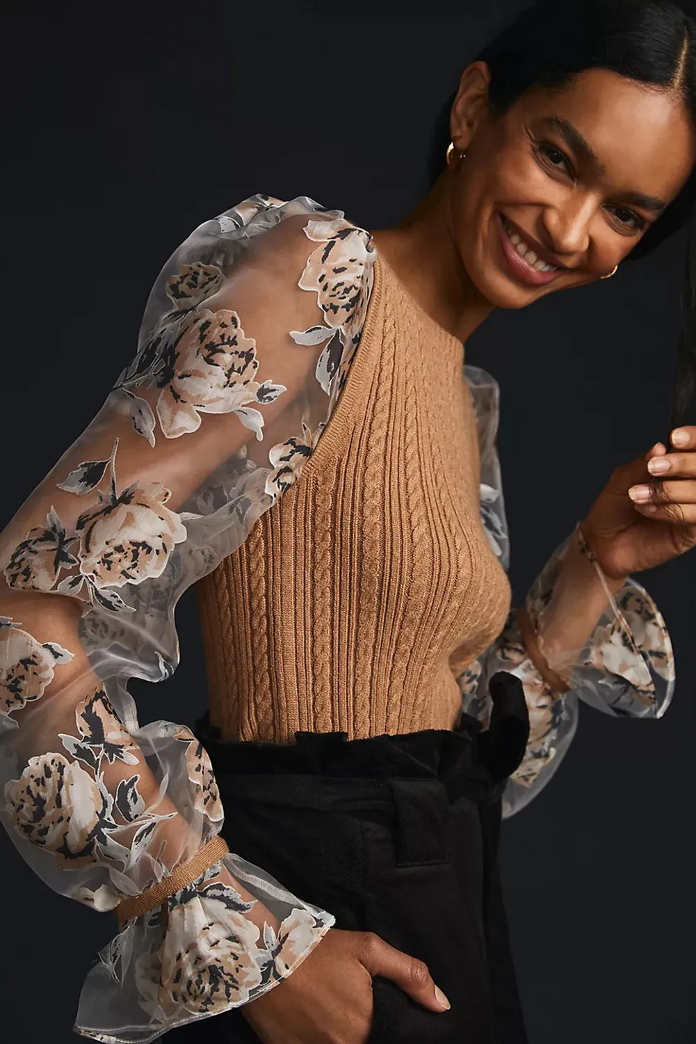Chestnut Floral Mesh Sleeve Cable Knit Sweater