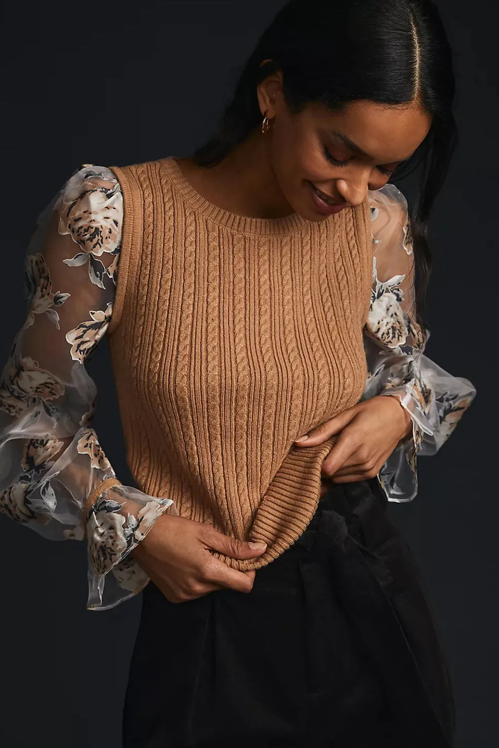 Chestnut Floral Mesh Sleeve Cable Knit Sweater