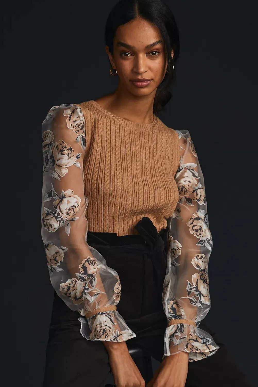 Chestnut Floral Mesh Sleeve Cable Knit Sweater