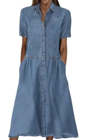 Chouyatou Womens Denim Dress Lapel Short Sleeve Frayed Hem Jean Dress Button Down A Line Shirt Dress