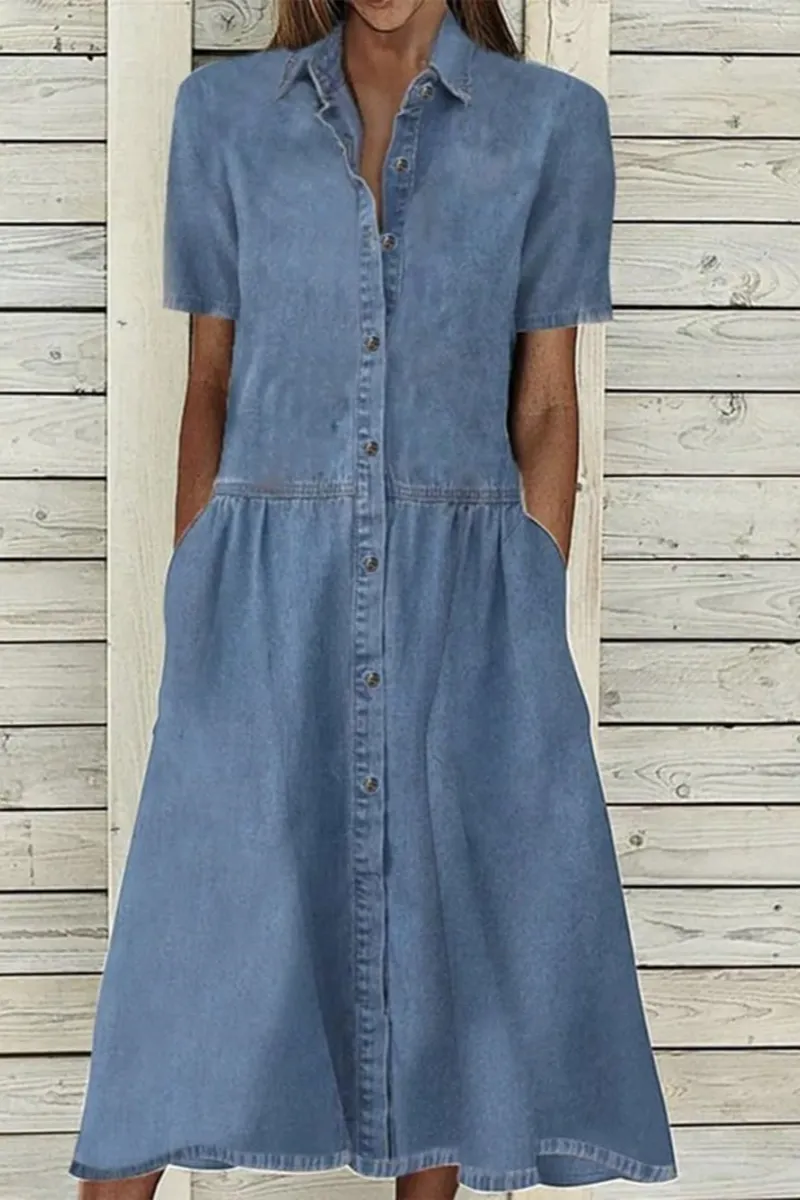 Chouyatou Womens Denim Dress Lapel Short Sleeve Frayed Hem Jean Dress Button Down A Line Shirt Dress