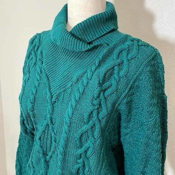 Chunky Teal Blue Fisherman’s Sweater High Neck Collar Vintage Size Medium