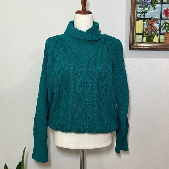 Chunky Teal Blue Fisherman’s Sweater High Neck Collar Vintage Size Medium