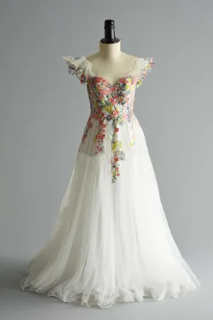 Color Floral Embroidery Wedding Dress with Short Butterfly Sleeves ET3065
