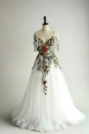 Color Floral Wedding Dress with Detachable Sleeves ET3066