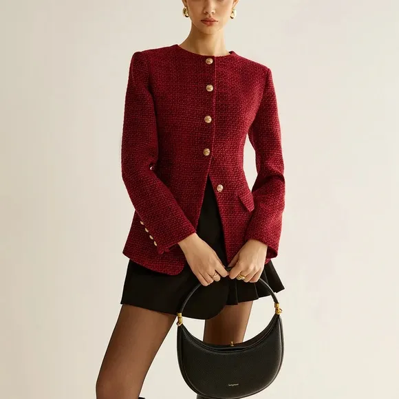 COMMENSE Burgundy Gold Button Down Slit Tweed Blazer Tailored Fit Medium NEW