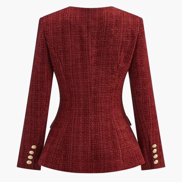 COMMENSE Burgundy Gold Button Down Slit Tweed Blazer Tailored Fit Medium NEW