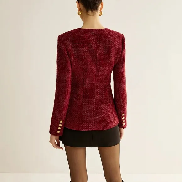 COMMENSE Burgundy Gold Button Down Slit Tweed Blazer Tailored Fit Medium NEW