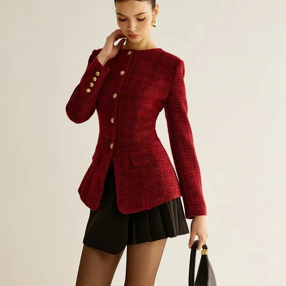 COMMENSE Burgundy Gold Button Down Slit Tweed Blazer Tailored Fit Medium NEW