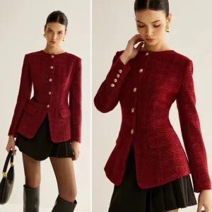 COMMENSE Burgundy Gold Button Down Slit Tweed Blazer Tailored Fit Medium NEW