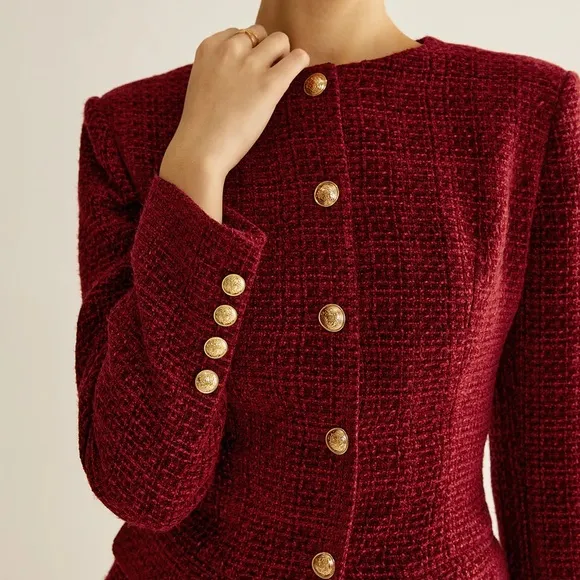 COMMENSE Burgundy Gold Button Down Slit Tweed Blazer Tailored Fit Medium NEW