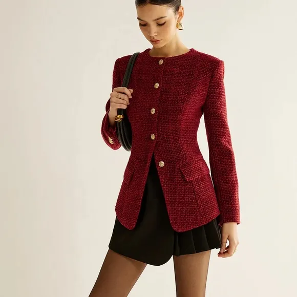 COMMENSE Burgundy Gold Button Down Slit Tweed Blazer Tailored Fit Medium NEW