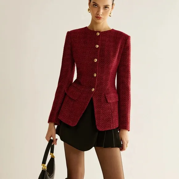 COMMENSE Burgundy Gold Button Down Slit Tweed Blazer Tailored Fit Medium NEW