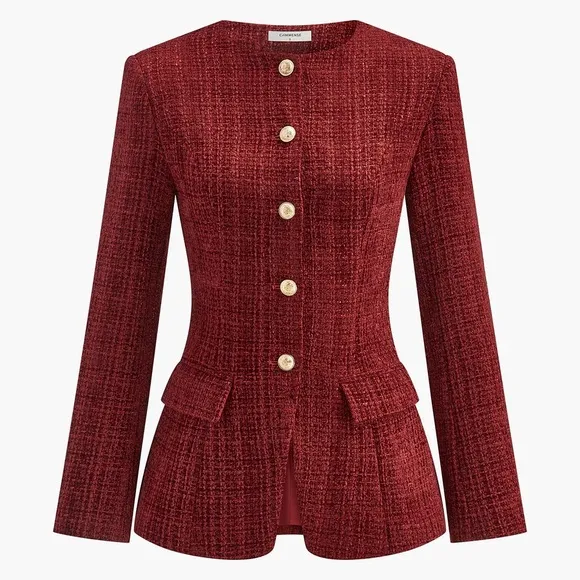 COMMENSE Burgundy Gold Button Down Slit Tweed Blazer Tailored Fit Medium NEW