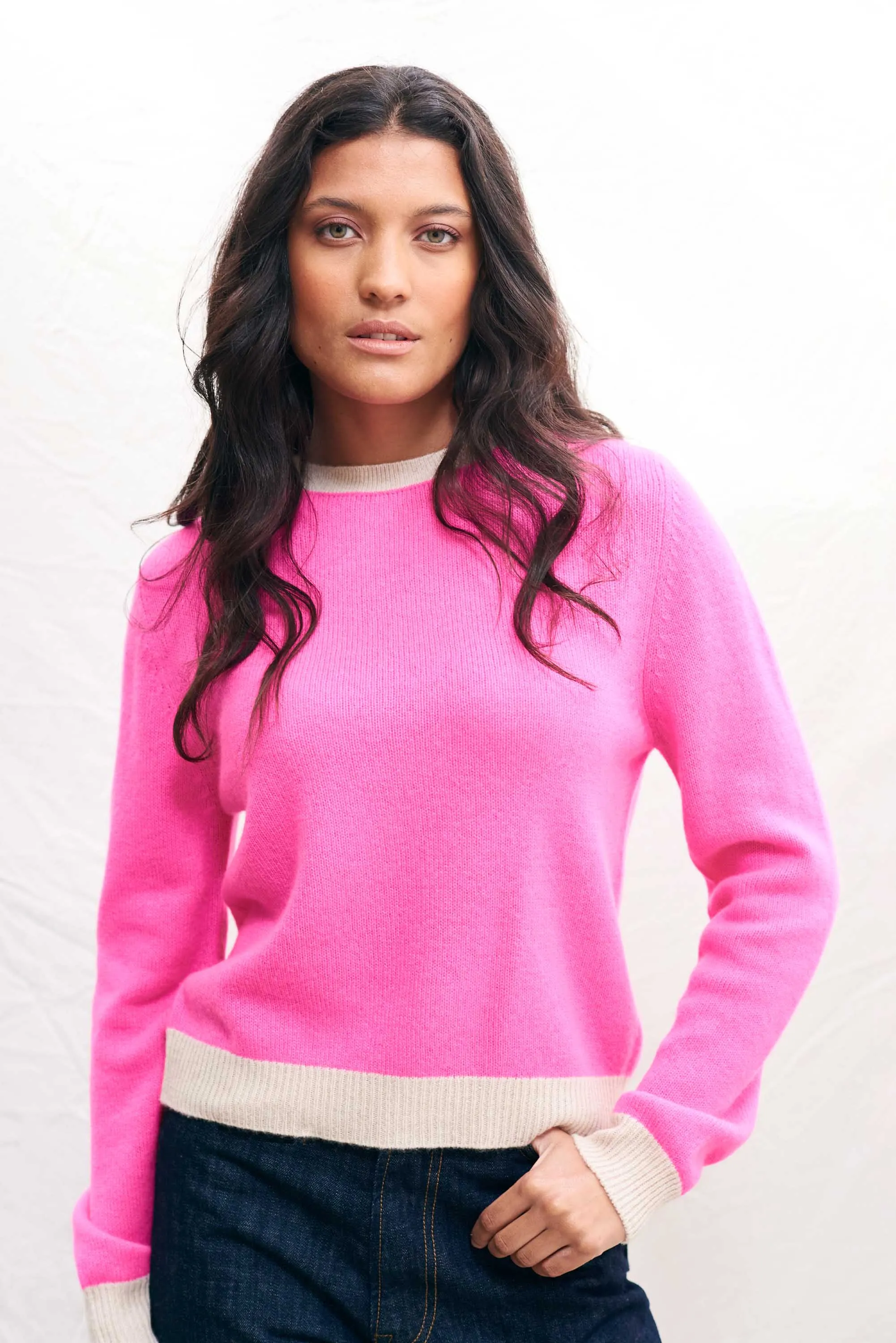 Contrast cashmere crew - hot pink