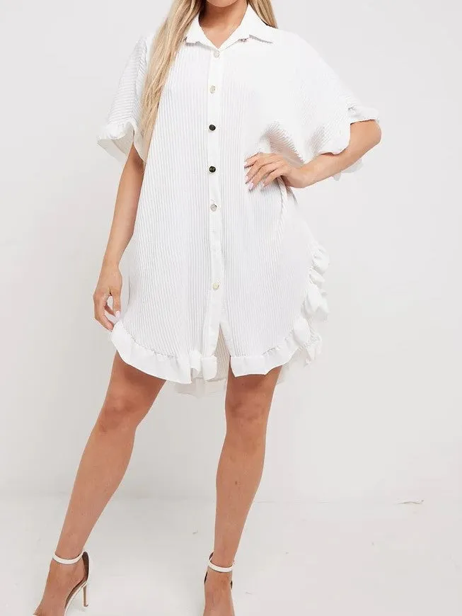 Cream Crinkle Pleated Gold Button Frill Plisse Shirt Dress