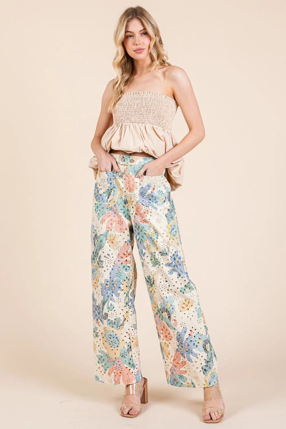 Cream Floral Eyelet Straight Leg Pant