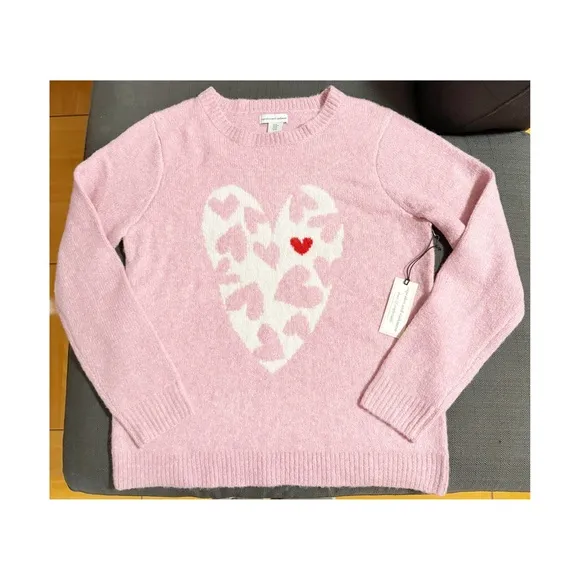 Cupcakes &amp; Cashmere NWT Heart Print Knit Crewneck Sweater in Pink/White Size Med