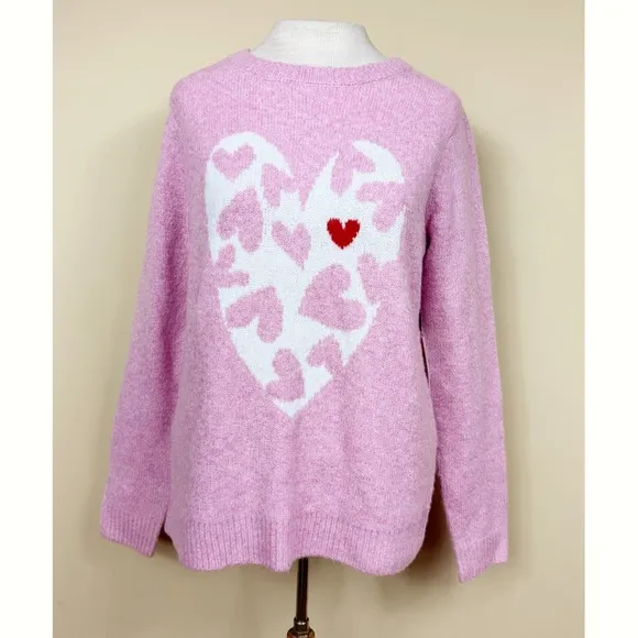 Cupcakes &amp; Cashmere NWT Heart Print Knit Crewneck Sweater in Pink/White Size Med